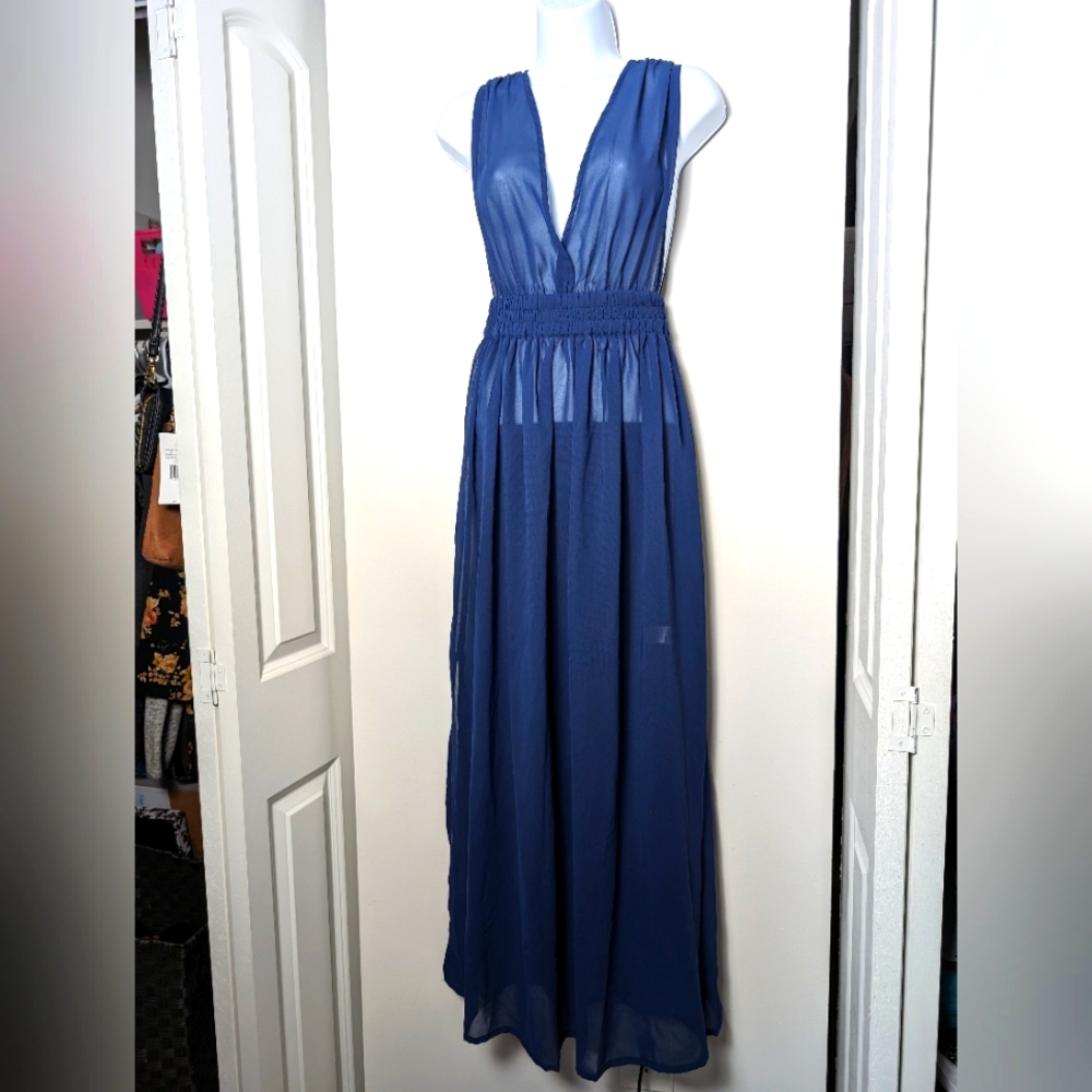 Gianni Bini sheer blue sexy cover dress slit in sides smock waist bow tie sz xs